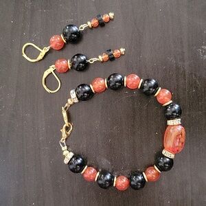 Handcrafted Amber, Carnelian, black onyx beaded bracelet & earrings